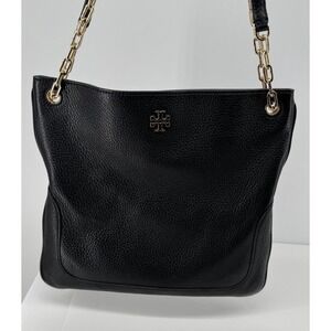 Tory Burch Black Pebbled Leather Tote Gold Chain Strap Shoulder Bag Classic Chic